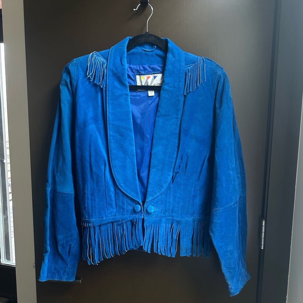 Women's Blue Suede Fringe Jacket - Picture 9 of 9